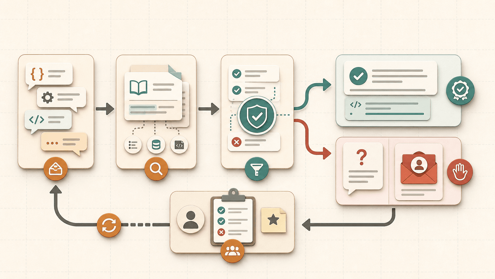 Evaluation loop moving developer question fixtures through API evidence, safety checks, grounded answers, clarification or handoff, and human-reviewed regressions.