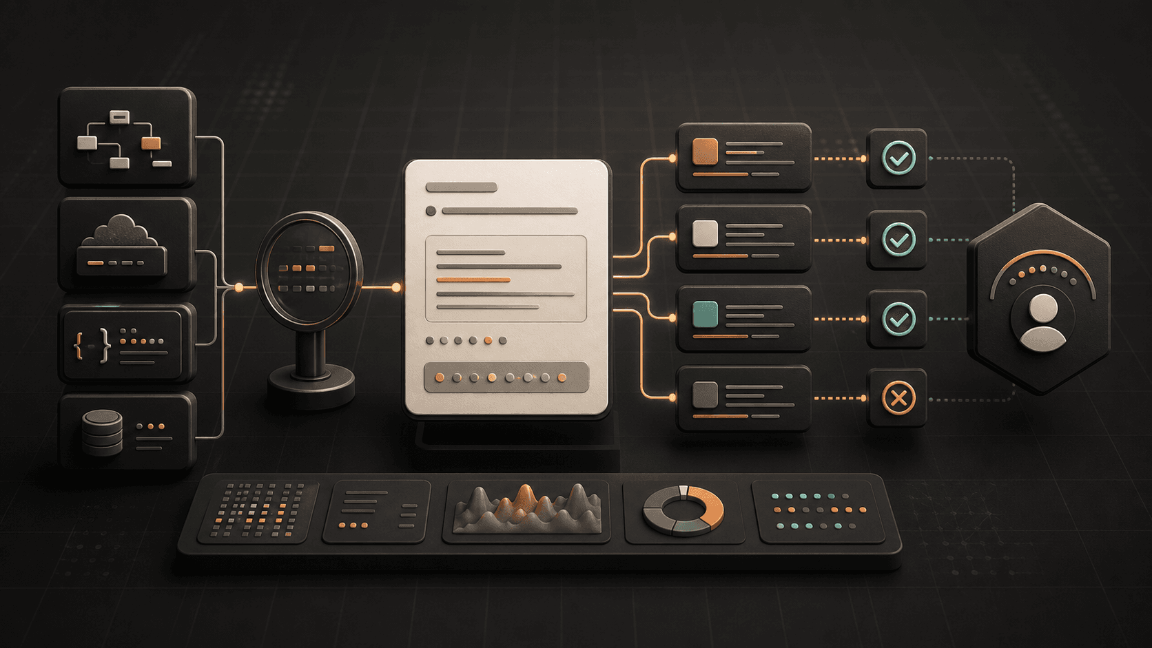 API evidence, retrieval, answer checks, and human review arranged on an AI support agent evaluation workbench.