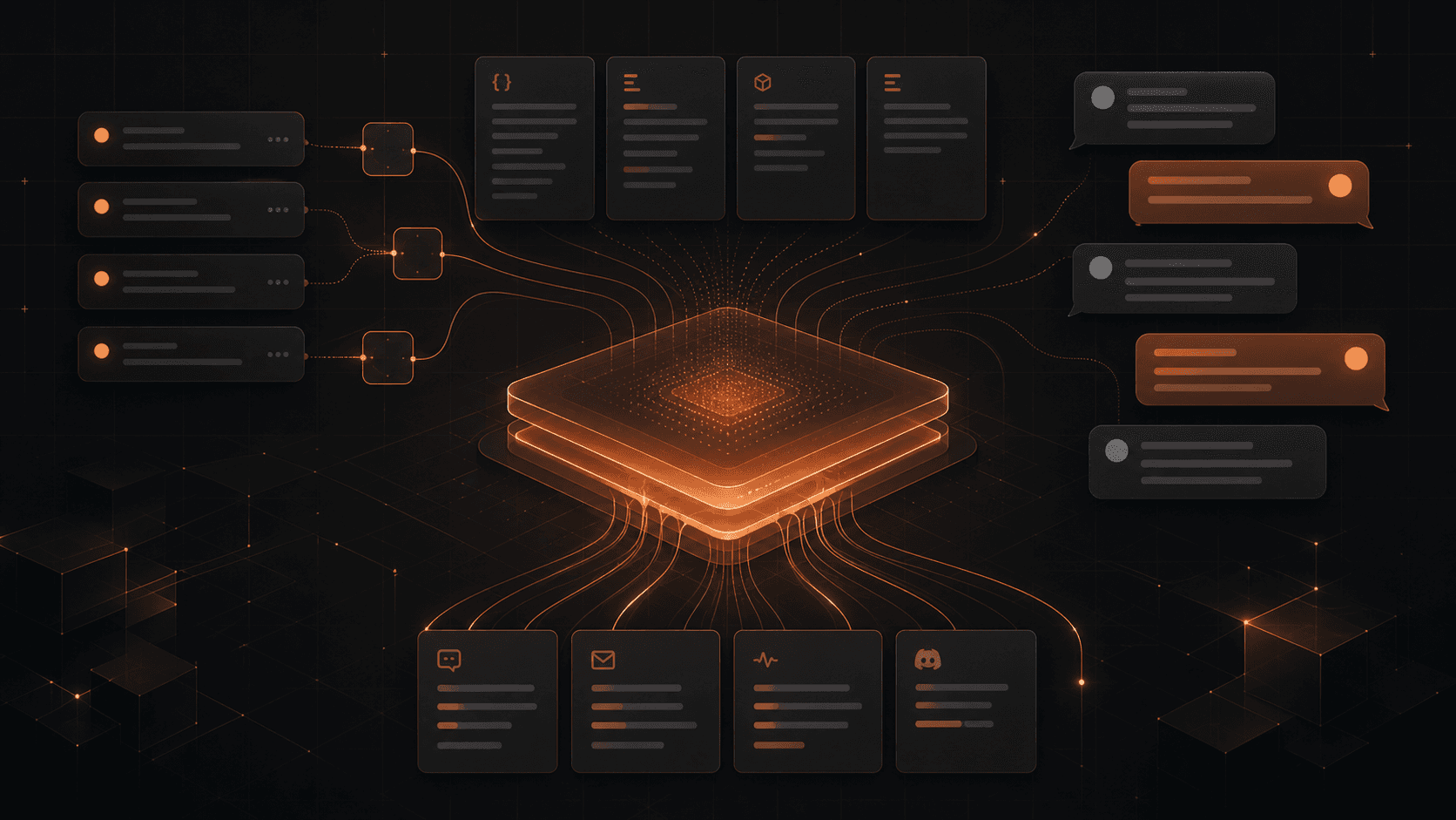 Abstract API documentation, conversations, and endpoint nodes flowing into one glowing context layer.
