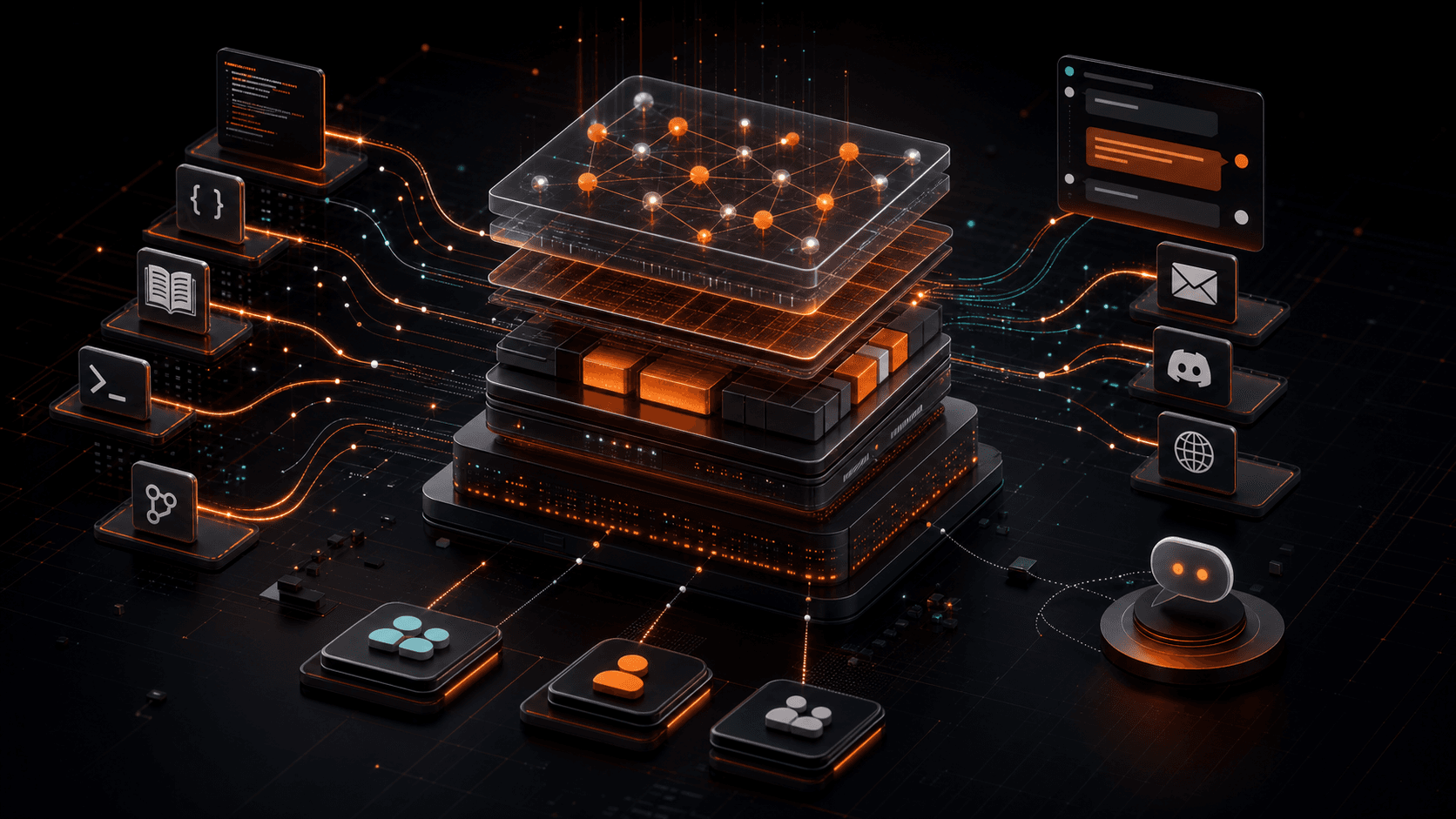 Abstract API documentation, conversations, and endpoint nodes flowing into one glowing context layer.