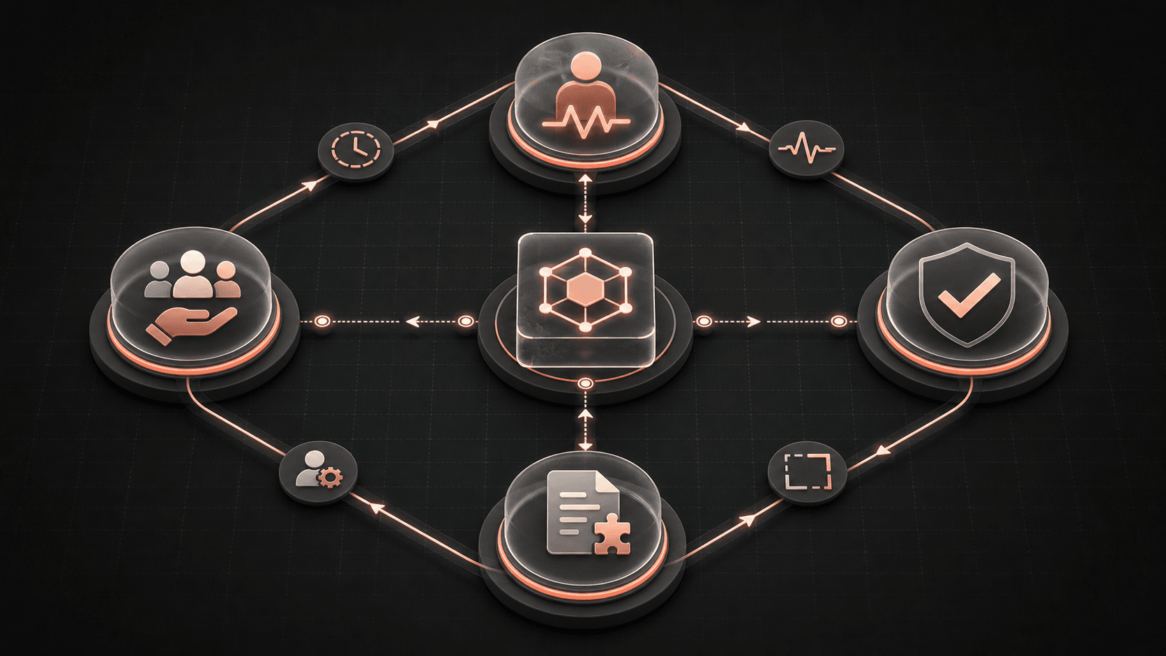 Balanced API support measurement loop connecting customer experience, verified resolution, documentation improvement, and team capacity through an API context core.