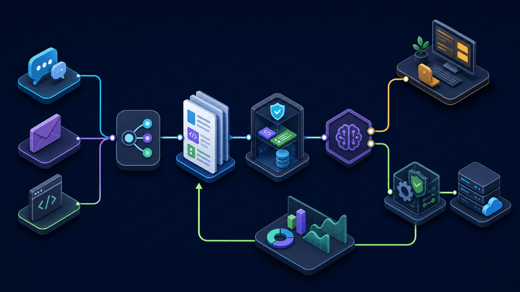 Connected developer support architecture linking customer channels, API evidence, AI decisions, human handoff, live verification, and analytics feedback.