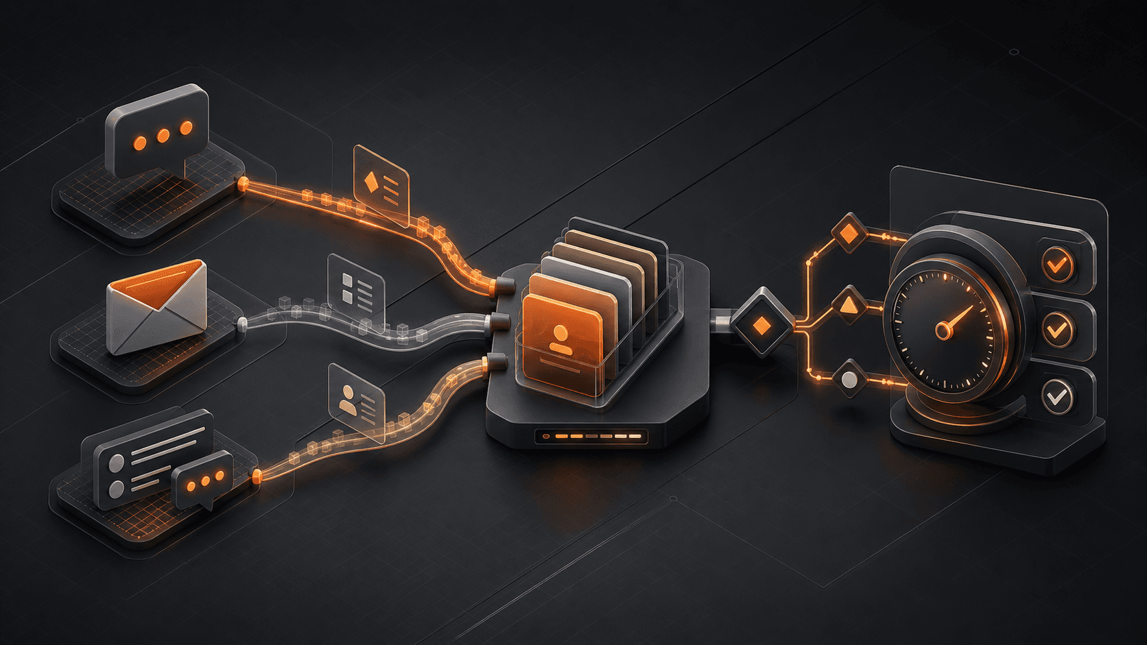 Chat, email, and community support streams entering one operator queue with shared timing and ownership controls.