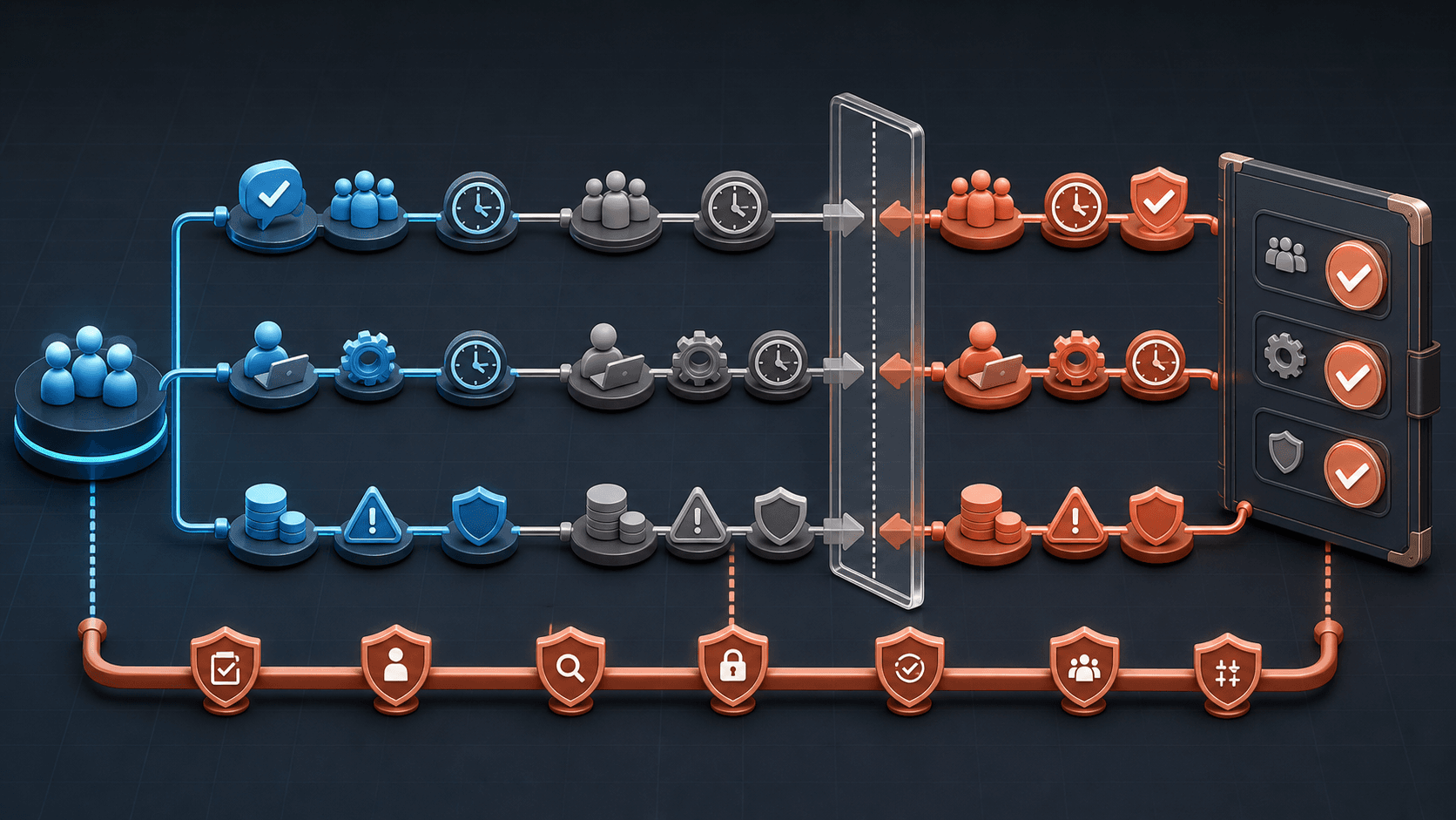 Three-lane automation ROI model comparing verified customer outcomes, returned team capacity, and full cost and risk through a shared counterfactual gate.