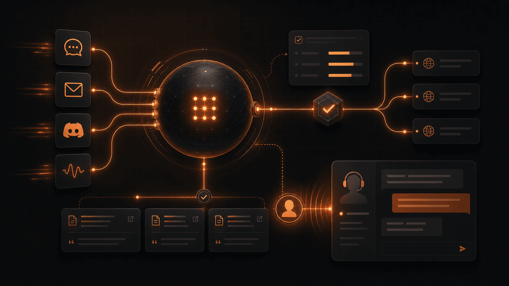 Abstract AI support core connected to channels, citations, verification nodes, and an operator handoff panel.