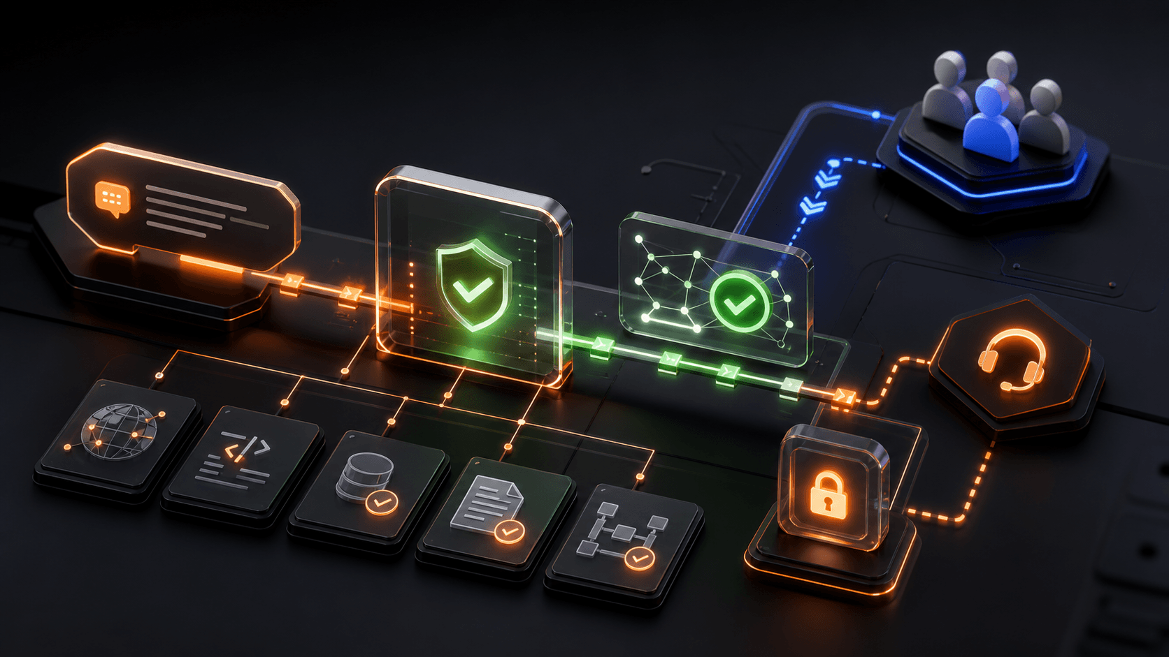 Abstract AI support core connected to channels, citations, verification nodes, and an operator handoff panel.