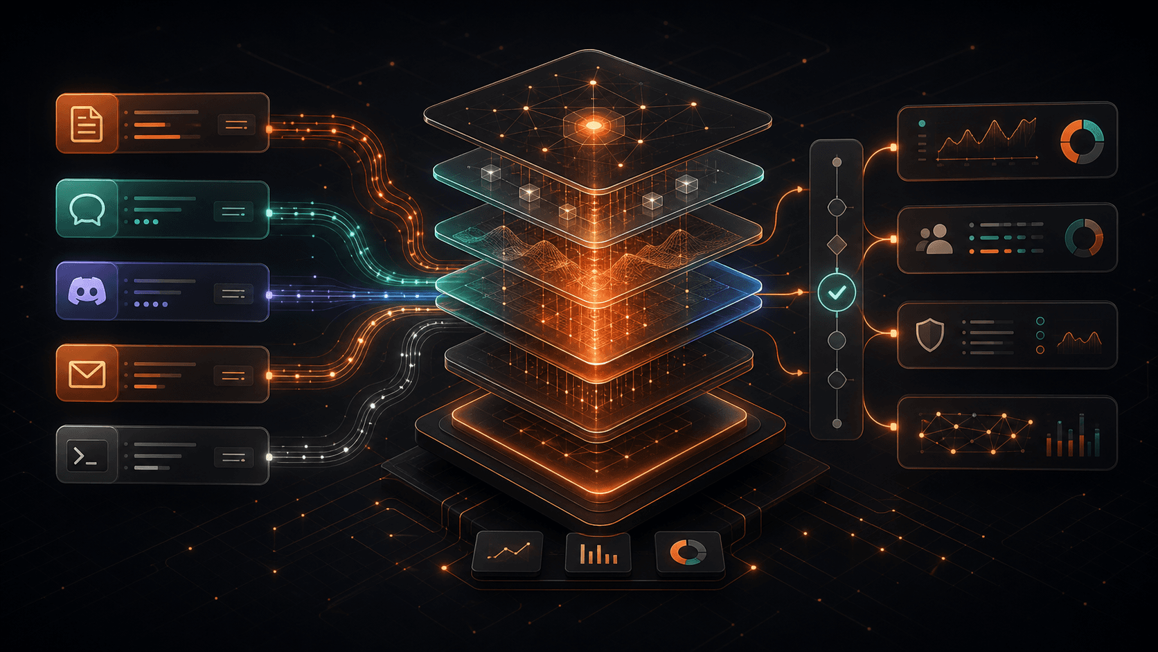 Documentation, live chat, Discord, email, monitoring, and AI support streams flowing into one unified API support stack.