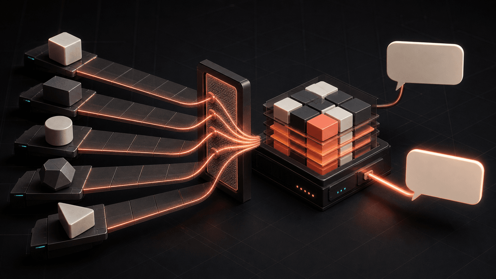 Five abstract SDK example lanes passing through a validation gate into one organized developer-support knowledge core.