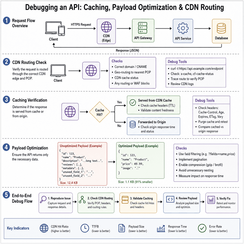 A technical diagram showing the process of debugging an API, featuring caching, payload optimization, and CDN routing