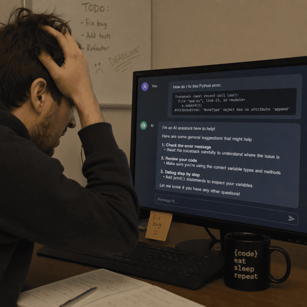A frustrated developer looking at a computer screen displaying generic AI chatbot responses instead of code solutions