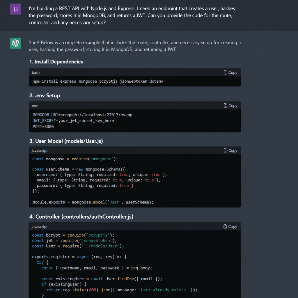 An AI chatbot answering a complex developer question with generated code snippets