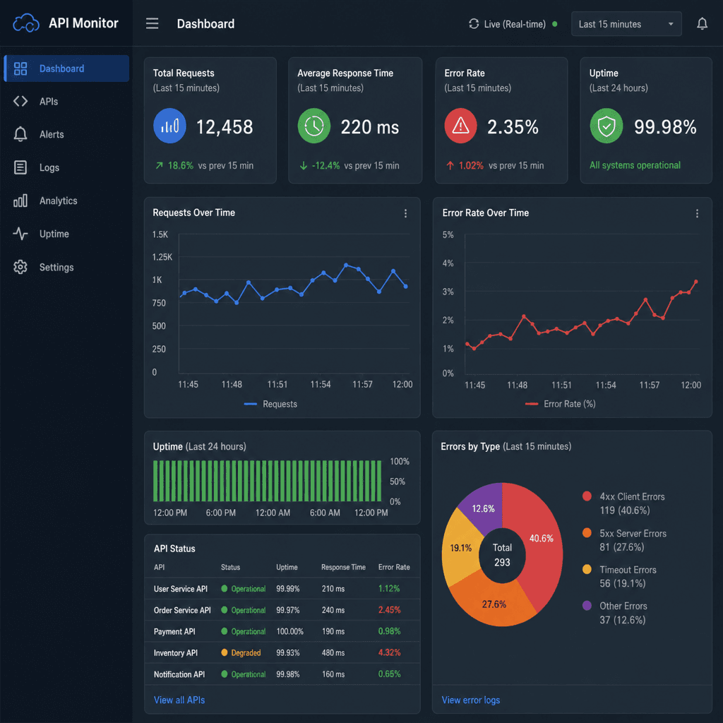 Dashboard displaying real-time API monitoring metrics, uptime, and error rates