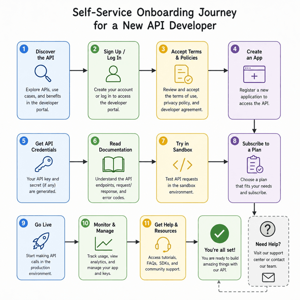 Flowchart showing the self-service onboarding journey for a new API developer