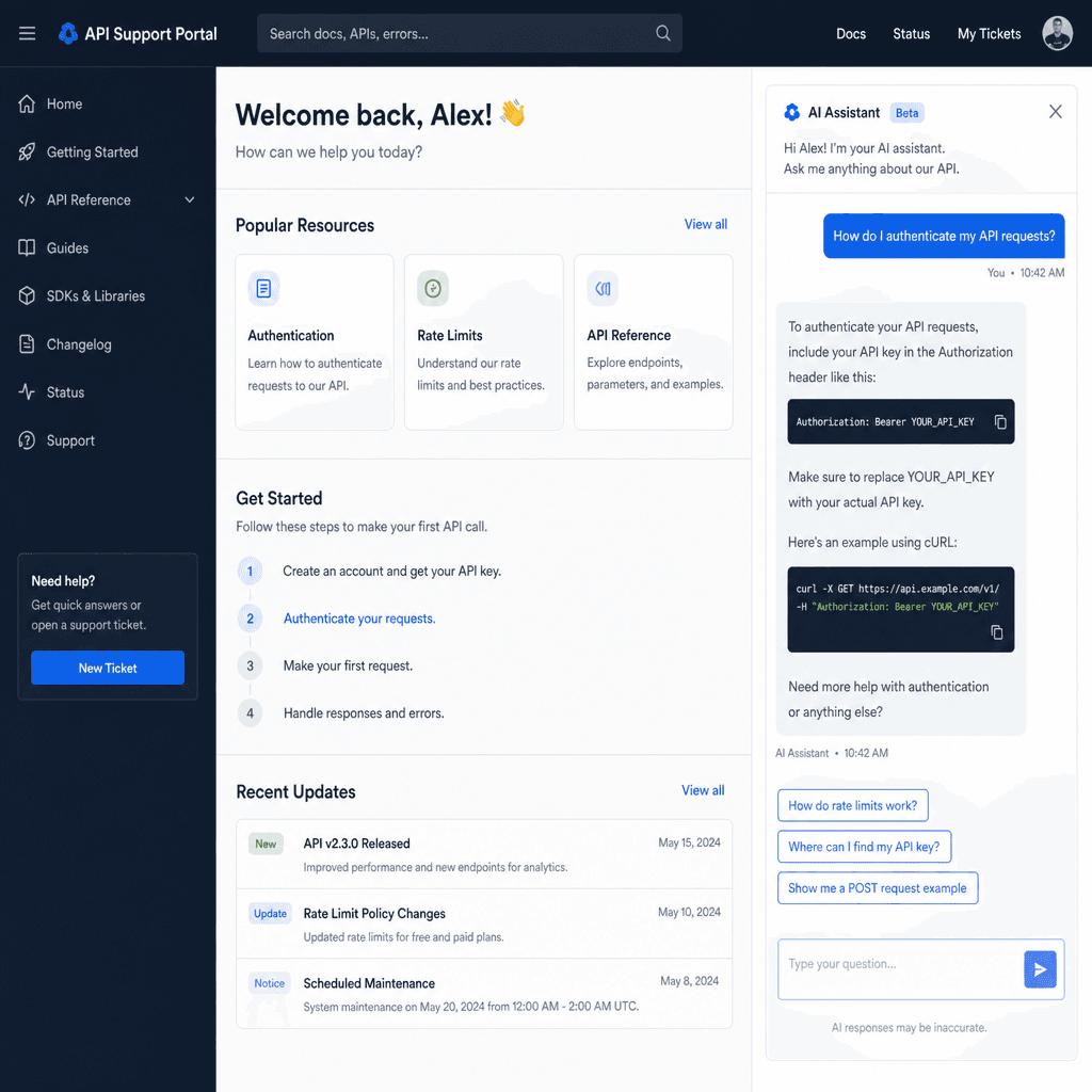 Developer seamlessly navigating a modern API support portal with chat and AI integrations