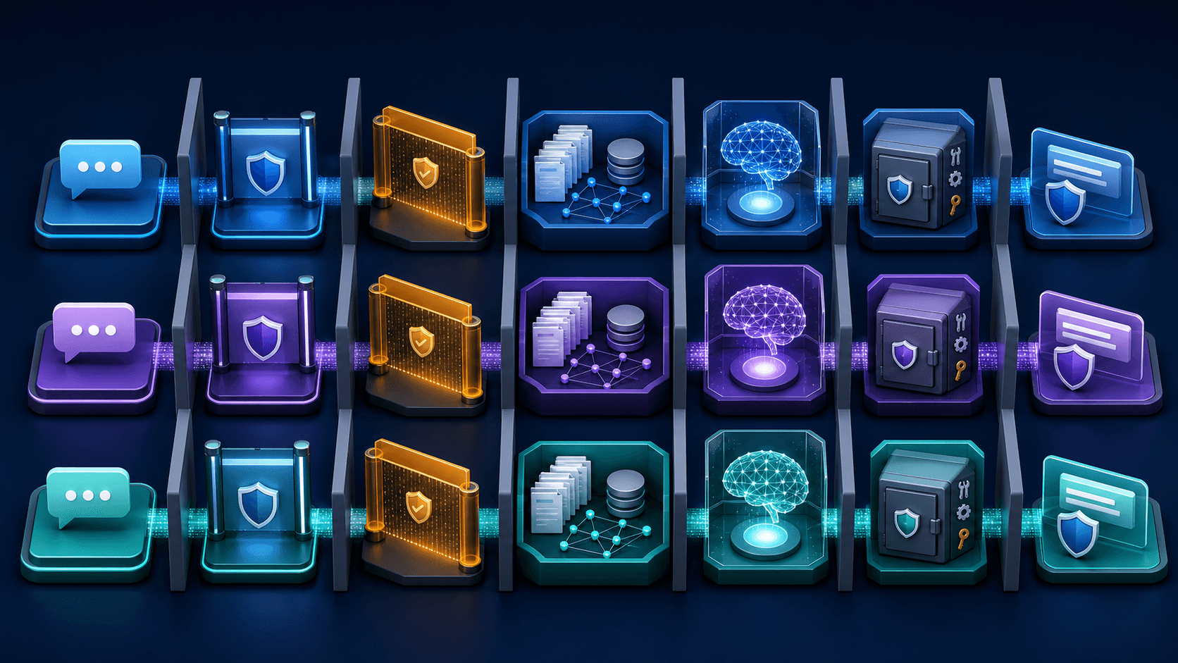 Three parallel tenant lanes passing separately through identity, policy, retrieval, AI, credential, and answer stages.
