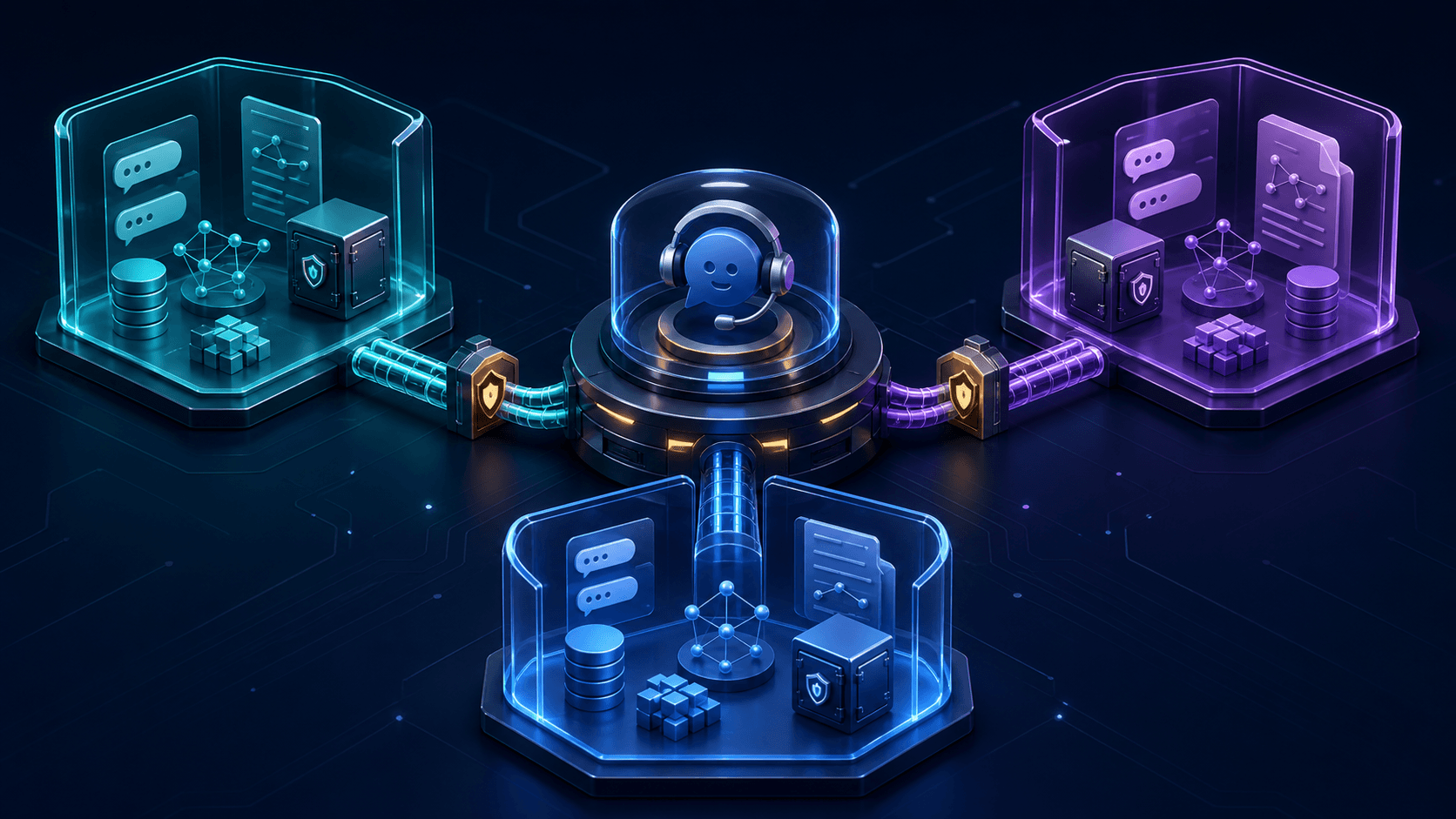 Three isolated customer workspaces connected to a shared AI support core through separate guarded data paths.
