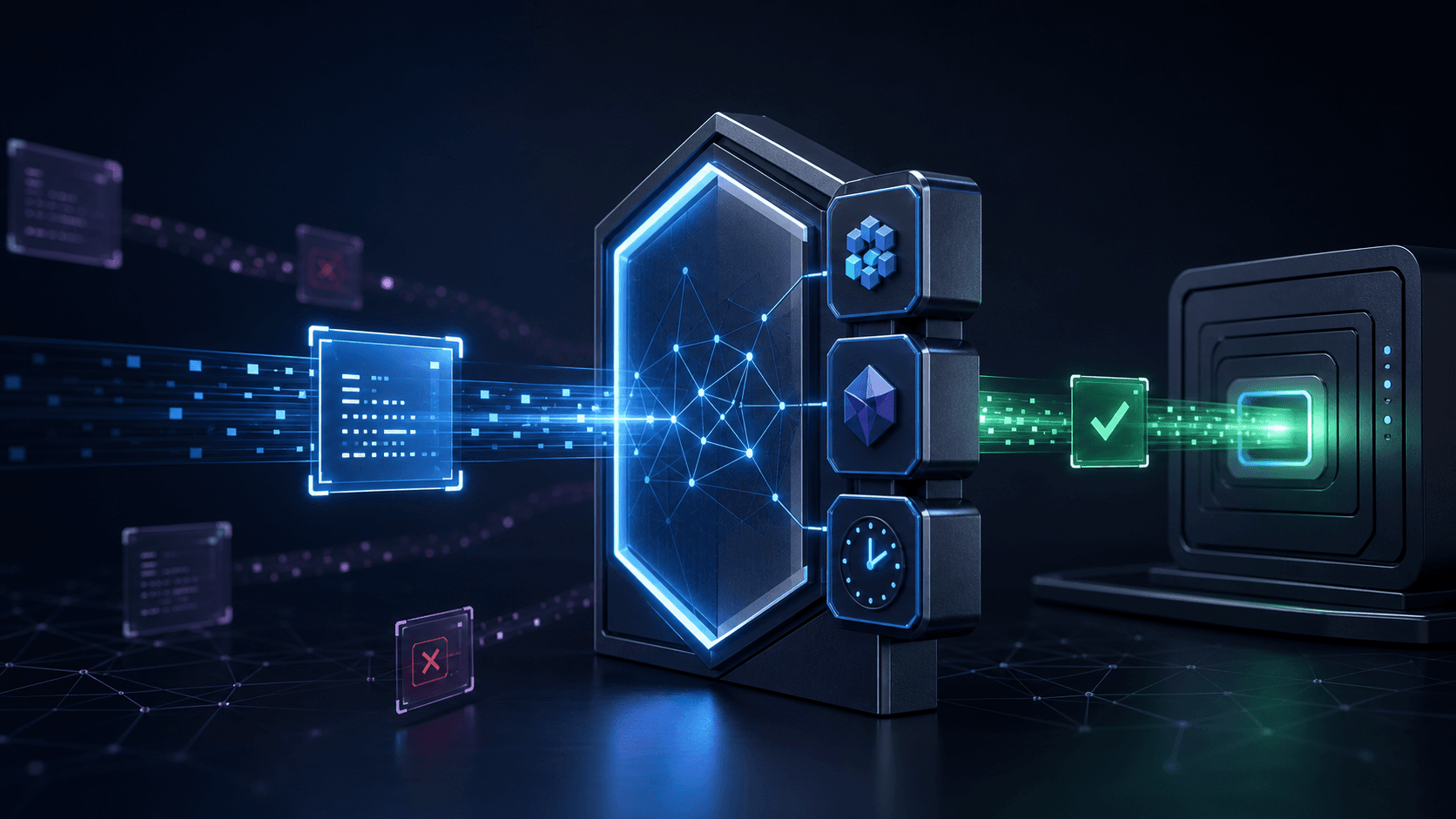 Webhook payload passing through a cryptographic verification checkpoint before secure API delivery.