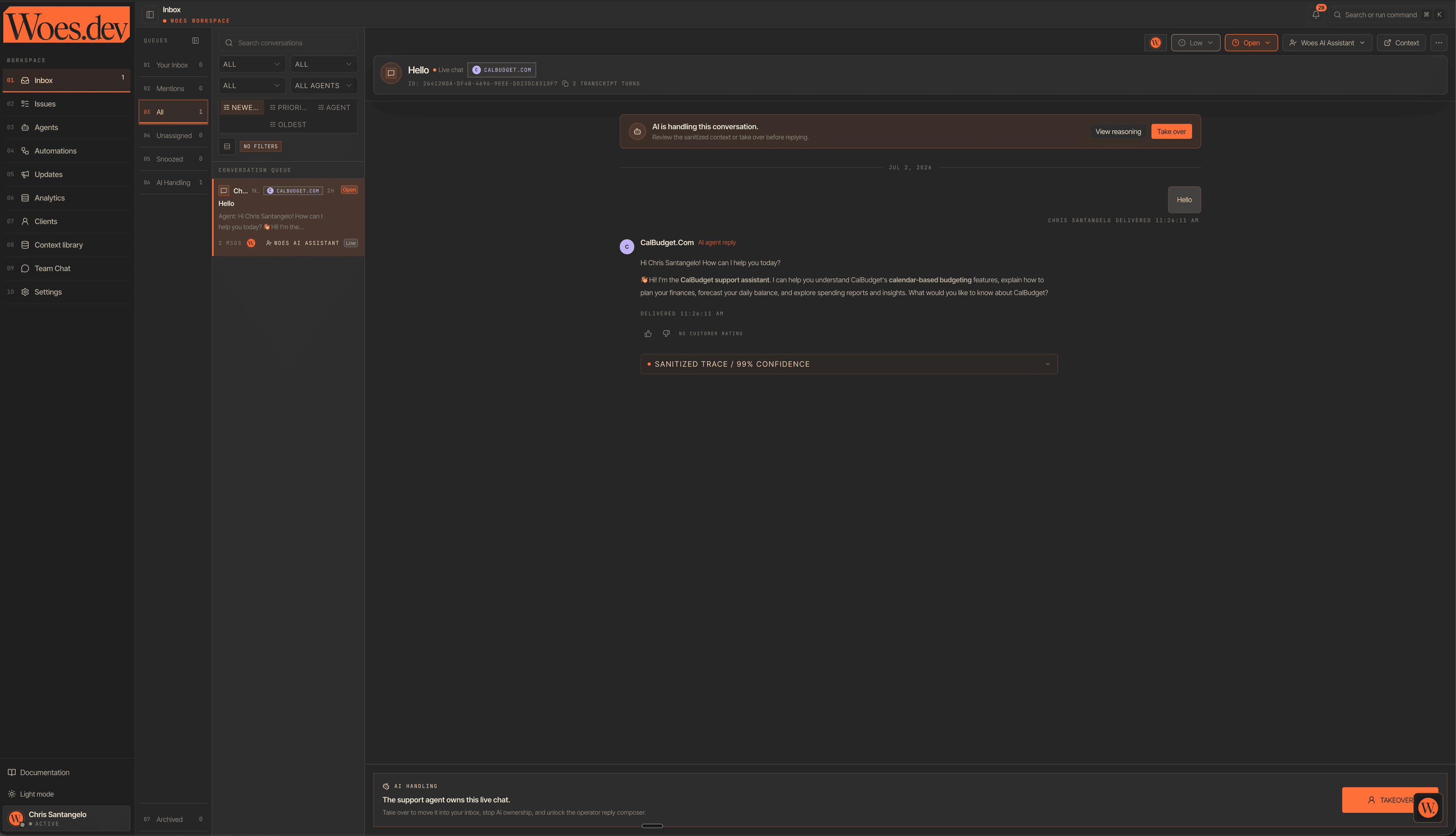 Woes operator inbox showing an AI-handled live chat conversation